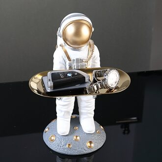 Leuke Astronaut Beeldje Met Lade Ruimte Man Hars Standbeeld Met Plaat Tafel Ornamenten Voor Thuis Tafel Decoratie Accessoires wit astronaut