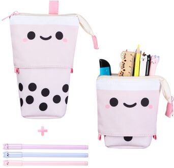 Leuke Boba Milktea Potlood Bagtelescopic Pen Houder Stand Up Etui Kawaii Cosmetica Zakje Make-Up Tas Briefpapier Organizer A-1 case 3 pens