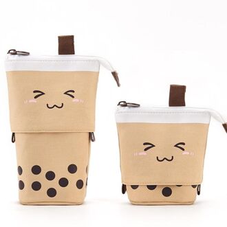 Leuke Boba Milktea Potlood Bagtelescopic Pen Houder Stand Up Etui Kawaii Cosmetica Zakje Make-Up Tas Briefpapier Organizer A-bruin