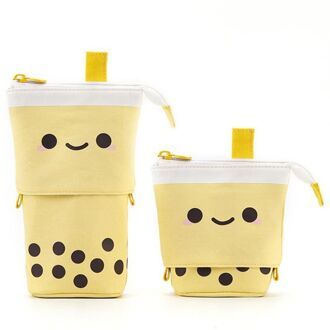 Leuke Boba Milktea Potlood Bagtelescopic Pen Houder Stand Up Etui Kawaii Cosmetica Zakje Make-Up Tas Briefpapier Organizer A-geel