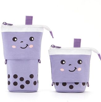 Leuke Boba Milktea Potlood Bagtelescopic Pen Houder Stand Up Etui Kawaii Cosmetica Zakje Make-Up Tas Briefpapier Organizer A-paars
