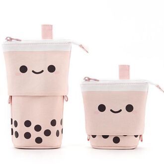 Leuke Boba Milktea Potlood Bagtelescopic Pen Houder Stand Up Etui Kawaii Cosmetica Zakje Make-Up Tas Briefpapier Organizer A-roze