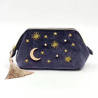 Leuke Fluwelen Borduurwerk Cosmetic Bag Travel Organizer Vrouwen Make-Up Tas Rits Make Up Pouch Met Moon Star Tassel Deco diep blauw