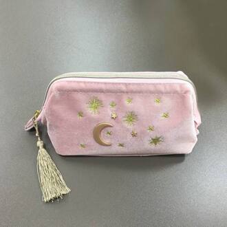 Leuke Fluwelen Borduurwerk Cosmetic Bag Travel Organizer Vrouwen Make-Up Tas Rits Make Up Pouch Met Moon Star Tassel Deco Roze
