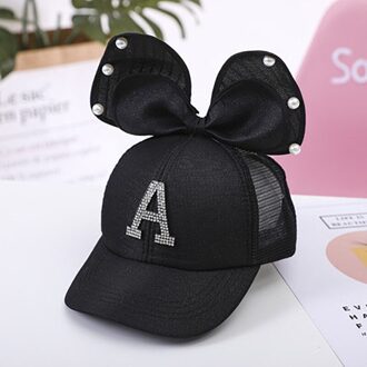Leuke Grote Boog Kinderen Baseball Cap Parel Strass Brief Meisjes Zonnehoed Zomer Verstelbare Kids Caps zwart mesh