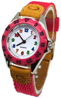 Leuke Jongens Meisjes Quartz Horloge Kids Kinderen Stof Band Student Tijd Klok Horloge HEE889 roos rood