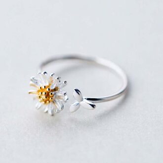 Leuke Kleine Daisy Ringen Voor Vrouwen Zilveren Kleur Bloem Met Blad Vormige Open Ring Verstelbare Size Sieraden Accessoires