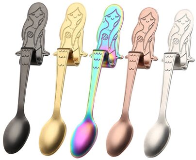 Leuke Mermaid Theelepel Handvat Lepels Suiker Dessert Bestek Opknoping Cup Koffie Thee Drinken Gereedschap Roestvrij Staal Keuken Gadget 5stk