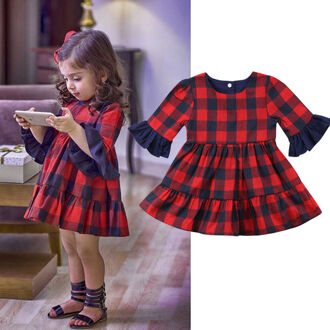 Leuke Mooie Peuter Baby Meisjes Herfst Jurk Lange Flare Mouw Plaid Ruches Knielange A-lijn Jurk Outfit 1-6Y Party jurk 5T