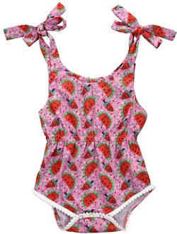 Leuke Peuter Baby Meisjes Katoenen Rompertjes Kid Watermeloen Tops Zomer Mouwloze Kwastje Jumpsuit Outfit Katoenen Kleding zwart / 90cm