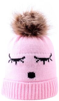 Leuke Peuter Kids Meisjes Jongens Baby Baby Winter Warm Houden Haak Breiwol Afdrukken Hoed Harige Ballen Pompom Beanie Cap # p4 heet roze