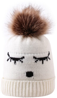 Leuke Peuter Kids Meisjes Jongens Baby Baby Winter Warm Houden Haak Breiwol Afdrukken Hoed Harige Ballen Pompom Beanie Cap # p4 wit