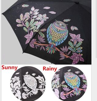 Leuke Uil Drie Opvouwbare Uv-Bescherming Regen Reizen Paraplu Magic Color Changing Na Water Pocket Paraplu Cadeau Voor Liefhebbers