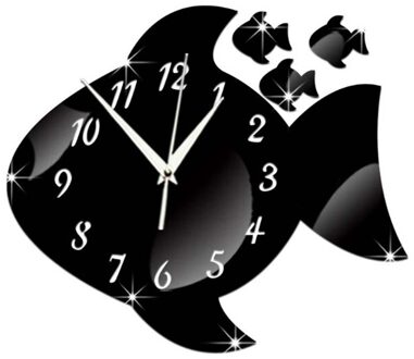 Leuke Vis Vorm Acryl Wandklok Spiegel Sticker Horloge Diy Sticker Voor Kinderkamer B36E zwart