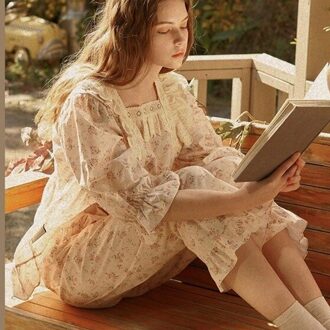 Leuke Vrouwen Prinses Stippen Jacquard Stof Kant Pyjama Sets.Vintage Bloemen Pyjama Pak. Dames Meisje Koninklijke Stijl Thuis Nachtkleding Pajama reeks