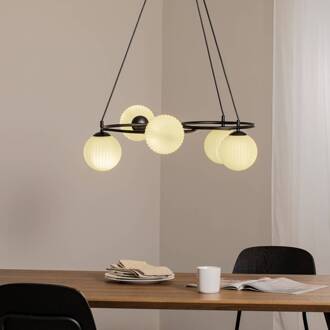 Libra woonkamerlamp, opaal/zwart, Ø 70 cm, glas, 5-lamps. opaal, zwart