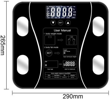 Lichaamsvet Smart Weegschalen Keukenweegschaal Floor Wetenschappelijke Elektronische Led Digitale Gewicht Badkamer Balans Bluetooth App Android Of Ios zwart-batteries