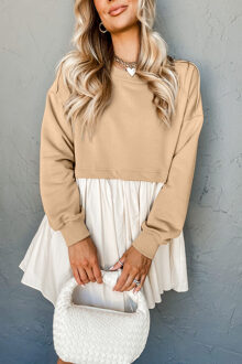 Licht Khaki Sweatshirt Poplin Mini Jurk - maat L Bruin