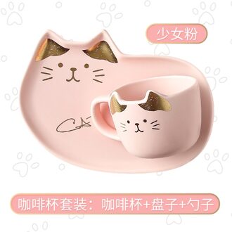 Licht Luxe Cartoon Koffie Thee Cup Set Met Schoteltjes Lepel Koffie Melk Mokken Leuke Kat Drinkware Porselein roze