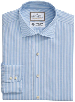 Lichtblauw Gestreept Regular Fit Katoen Linnen Overhemd met Engelse Spread Kraag Brooks Brothers , Blue , Heren - 2Xl,Xl,L,M