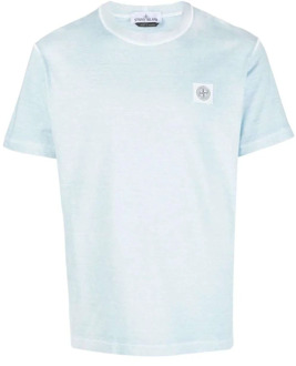 Lichtblauw katoenen T-shirt met kompas patch Stone Island , Blue , Heren - Xl,L,S