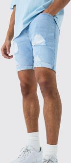 Lichtblauwe Versleten Stretch Skinny Fit Denim Shorts, Light Blue - 30