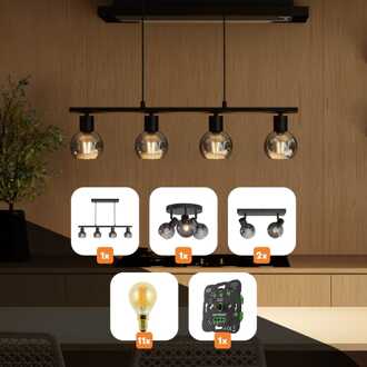 Lichtbundel 'Glazura Smokey' - Compleet pakket - Make-over woonkamer - Hang-, plafond- en wandlamp + filamentlampen Zwart