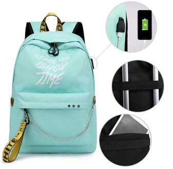 Lichtgevende Usb Vrouwen Rugzak Letters Print Schooltassen Tiener Meisjes Linten Canvas Computer Rugzak Mochila Sac A Dos groen