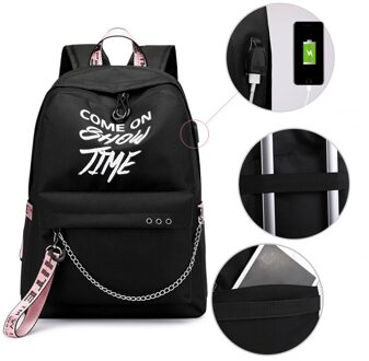 Lichtgevende Usb Vrouwen Rugzak Letters Print Schooltassen Tiener Meisjes Linten Canvas Computer Rugzak Mochila Sac A Dos roze lint
