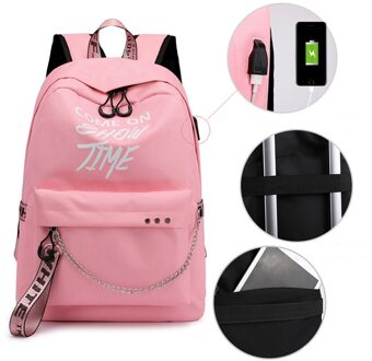 Lichtgevende Usb Vrouwen Rugzak Letters Print Schooltassen Tiener Meisjes Linten Canvas Computer Rugzak Mochila Sac A Dos roze
