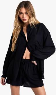 Lichtgewicht Lang Mouwig Overhemd En Shorts Co-Ord, Black - 34