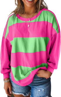 Lichtgroene Kleurblok Gestreepte Drop Shoulder Losse Top - maat S Roze
