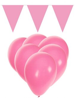 Lichtroze versiering 15 ballonnen en 2 vlaggenlijnen - Feestpakketten