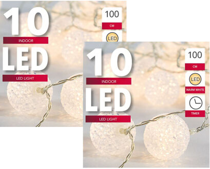 Lichtsnoer - 2x - met 10 witte bolletjes - warm wit - op batterij - met timer - 135 cm - Kerstverlic