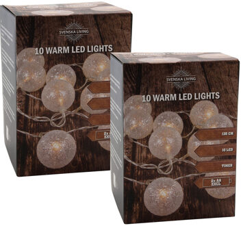 Lichtsnoer - 2x - met 10 witte glitter bolletjes - D5 cm - warm wit - op batterij - 135 cm
