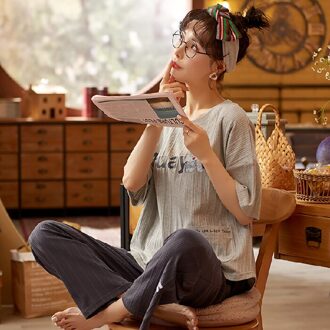 Lied Zomer Paar Pyjama Korte Mouwen Katoenen Broek Koreaanse Stijl Eenvoudige Print Zoete Student Homewear Pyjama dames / M