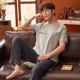 Lied Zomer Paar Pyjama Korte Mouwen Katoenen Broek Koreaanse Stijl Eenvoudige Print Zoete Student Homewear Pyjama heren / Xxl