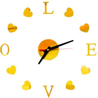 Liefde Klok Spiegel Acryl Home Decor Diy Eenvoudige Frameloze Wandklok Moderne Horloges 3d Sticker Diy Woonkamer Deco # J Goud