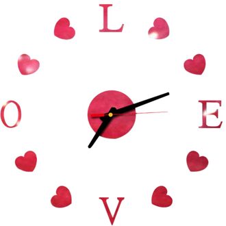Liefde Klok Spiegel Acryl Home Decor Diy Eenvoudige Frameloze Wandklok Moderne Horloges 3d Sticker Diy Woonkamer Deco # J Rood