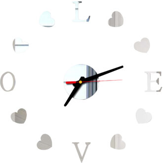 Liefde Klok Spiegel Acryl Home Decor Diy Eenvoudige Frameloze Wandklok Moderne Horloges 3d Sticker Diy Woonkamer Deco # J Zilver