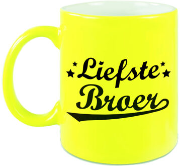 Liefste broer cadeau mok / beker neon geel 330 ml - verjaardag / bedankt cadeau - feest mokken