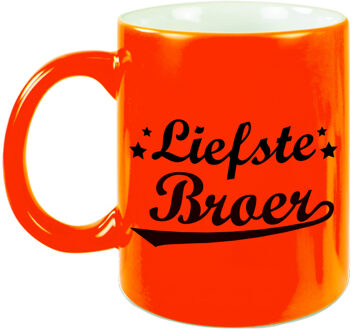 Liefste broer cadeau mok / beker neon oranje 330 ml - verjaardag / bedankt cadeau - feest mokken
