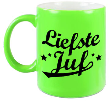 Liefste juf beker / mok neon groen 330 ml - afscheidscadeau / bedankt cadeau - feest mokken