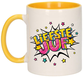Liefste juf cadeau mok / beker wit en geel 300 ml - feest mokken