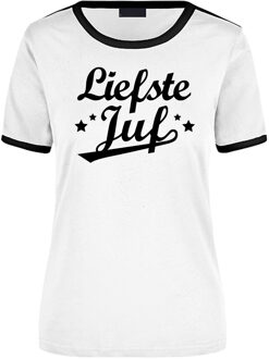 Liefste juf cadeau ringer t-shirt wit met zwarte randjes voor dames - Einde schooljaar/juffendag cadeau L
