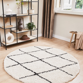Lifa-Living Rond hoogpolig tapijt, Grafisch modern kleed, Zwart/wit minimalistisch kleed, Ø 160cm - N.v.t.
