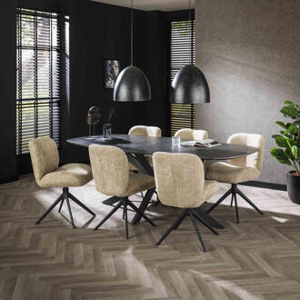 LifestyleFurn Eettafel 'Toria' Deens ovaal, Marmerlook, 215 x 105cm 3D zwart bruin - 215 x 105 cm