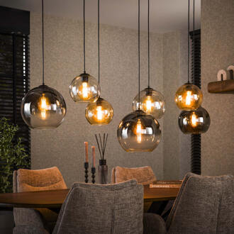 LifestyleFurn Hanglamp 'Willaim' 7-lamps, Glas, kleur Chroom, Amber en Grijs Artic zwart