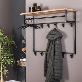 LifestyleFurn Kapstok 'Liona' Acaciahout en metaal, met 12 haken en plank Massief acacia naturel