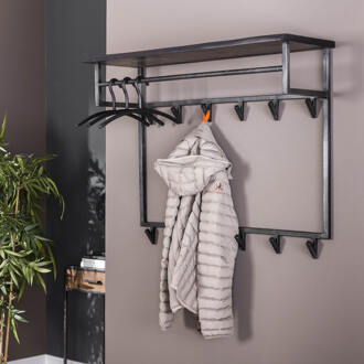 LifestyleFurn Kapstok 'Yena' Acaciahout en metaal, met 12 haken en plank Massief acacia zwart